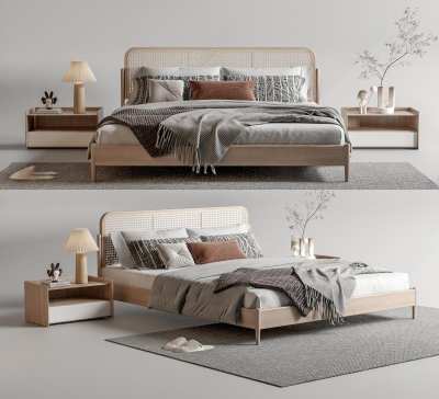 北欧实木双人床3D模型下载